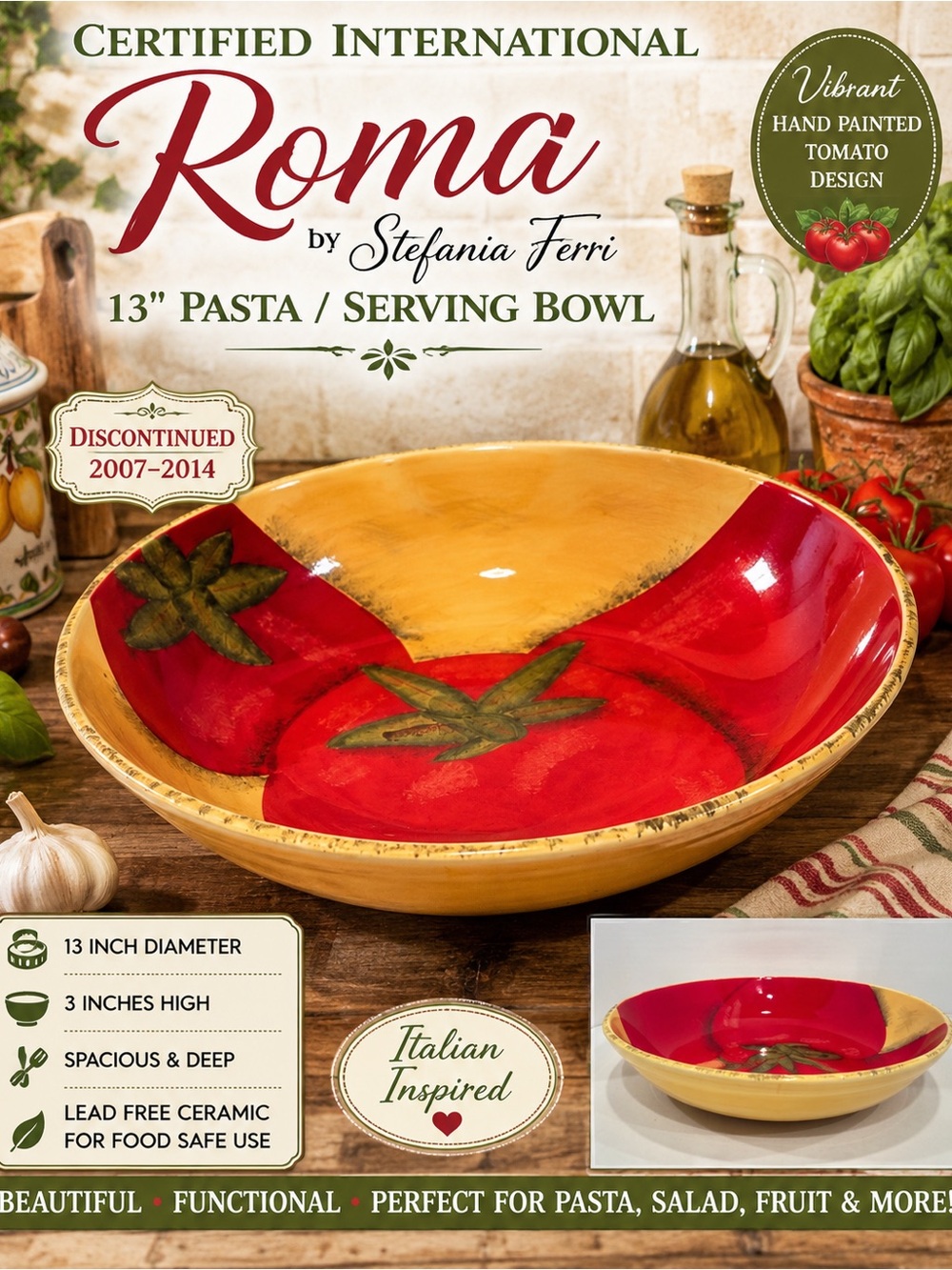 Certified International Roma Hand-Painted Pasta Bowl in Red and Yellow